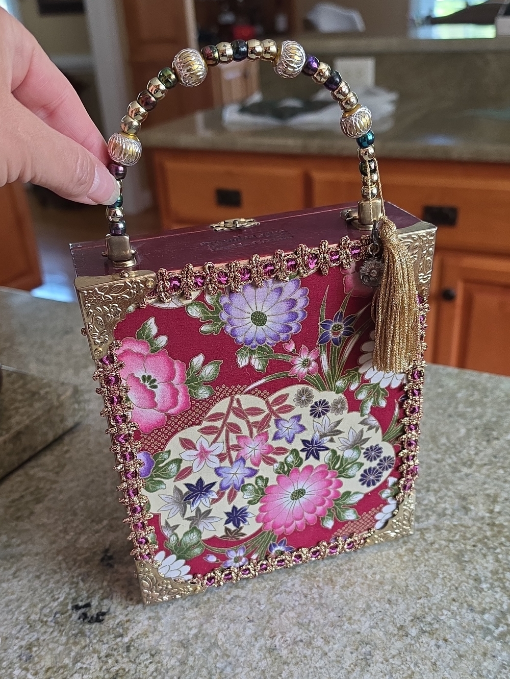 Cigar Box Purse Carlos Torano in Burgundy with Flowers & Gold Accents UNIQUE